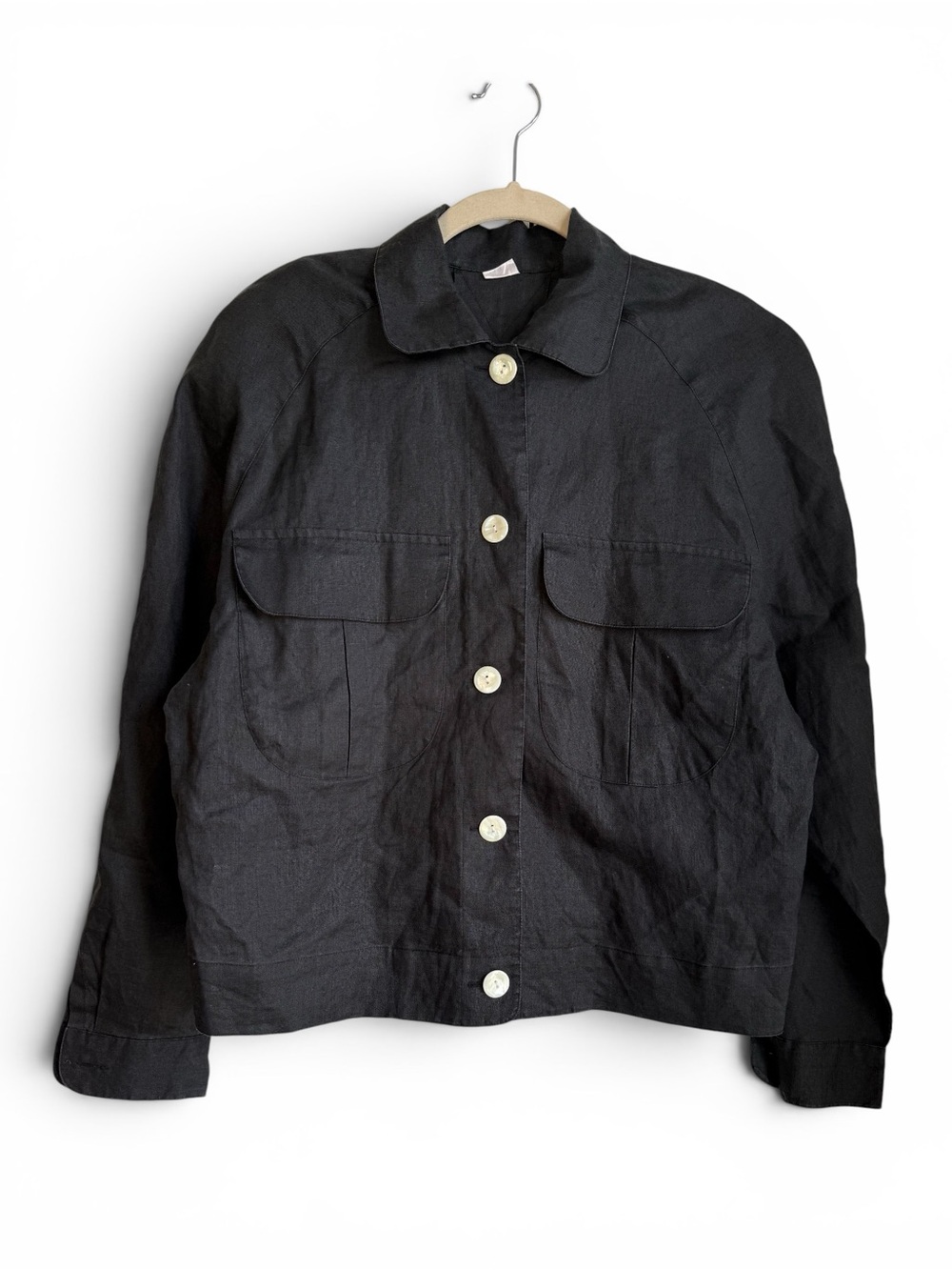Vintage 100% Linen Button Down Black Utility Jacket Medium - Picture 5 of 8